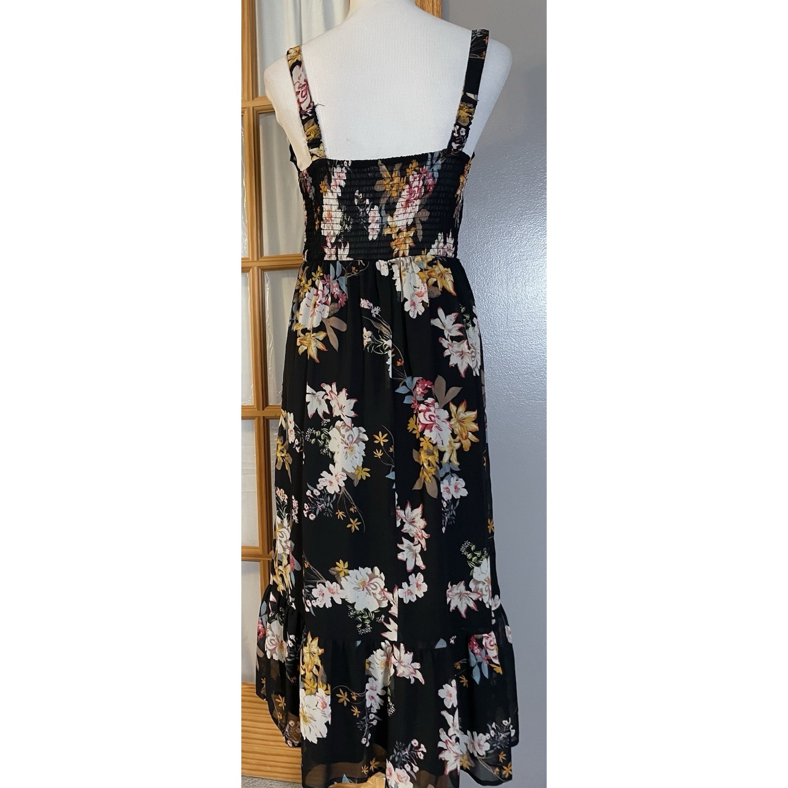 Tuchuzy Floral Midi Dress Sz S Black Yellow Smocked Ruffles Boho Party — image 3 of 8